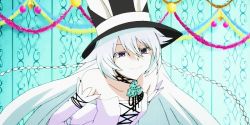 Rule 34 | 00s, 1girl, animal ears, animated, animated gif, rabbit ears, detached sleeves, dress, fake ears, hat, long hair, lowres, pandora hearts, top hat, white hair, will of the abyss, wink