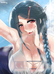 Rule 34 | 1girl, absurdres, arm up, ass, bent over, bird, blue hair, blush, braid, breasts, cleavage, cloud, cloudy sky, collarbone, covered erect nipples, eyelashes, hair ornament, hairclip, hand to own mouth, highres, large breasts, lips, looking at viewer, original, outstretched arm, parted lips, red eyes, see-through, see-through shirt, sky, summer, sunlight, sweat, swept bangs, tank top, voidmakerz