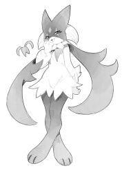 Rule 34 | 1girl, :3, animal feet, animal nose, arm at side, body fur, cat girl, cat tail, creatures (company), crossed legs, fang, feet, female focus, flat chest, floating, floating object, full body, furry, furry female, game freak, greyscale, groin, half-closed eyes, hand to own mouth, hand up, happy, highres, inuki (aruurara), legs, looking at viewer, meowscarada, monochrome, nintendo, open mouth, pokemon, pokemon (creature), short hair, simple background, sketch, skin fang, smile, solo, standing, tail, watson cross, white background