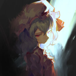 Rule 34 | 1girl, blue hair, closed mouth, expressionless, hair between eyes, half-closed eyes, hat, hat ribbon, highres, light particles, looking away, medium hair, mob cap, painterly, pink shirt, red eyes, red ribbon, remilia scarlet, ribbon, shirt, solo, touhou, upper body, wb yimo
