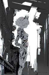 Rule 34 | 1girl, android, breasts, expressionless, feet out of frame, greyscale, hands on own hips, headgear, jnt, joints, looking ahead, mecha, mechanical parts, medium hair, monochrome, original, robot, robot joints, small breasts, solo, spot color, standing, tiara, white hair