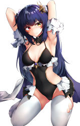 Rule 34 | 1girl, absurdres, armpits, arms up, bad id, bad pixiv id, black one-piece swimsuit, blue hair, blush, breasts, cleavage, closed mouth, collarbone, covered navel, gr greeze, hair ornament, heterochromia, highres, kneeling, long hair, looking at viewer, medium breasts, one-piece swimsuit, original, red eyes, simple background, skindentation, solo, swimsuit, thighhighs, torn clothes, torn thighhighs, white background, white thighhighs, yellow eyes