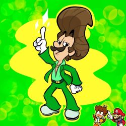 Rule 34 | 1girl, 2boys, blush, brown hair, cosplay, crown, earrings, elvis, facial hair, flower earrings, formal, full body, gloves, hat, jacket, jewelry, laughing, looking at viewer, luigi, luigi&#039;s mansion, mario, mario (series), multiple boys, mustache, neck chain, nintendo, open mouth, princess daisy, sideburns, smug, suit, super mario bros. 1, white gloves