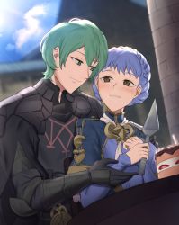 Rule 34 | 1boy, 1girl, absurdres, armor, black gloves, blue hair, blush, braid, brown eyes, byleth (fire emblem), byleth (male) (fire emblem), cake, cape, closed mouth, crown braid, ebinku, fire emblem, fire emblem: three houses, food, gloves, green eyes, highres, holding, long sleeves, marianne von edmund, nintendo, outdoors, parted lips, short hair, smile, table