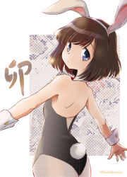 Rule 34 | 1girl, animal ears, backless leotard, black hair, black leotard, blue eyes, bob cut, chinese zodiac, closed mouth, collar, commentary, detached collar, fake animal ears, fake tail, from side, leotard, light frown, looking at viewer, looking back, nakasawa kei, new year, onjouji toki, outstretched arms, playboy bunny, rabbit ears, rabbit tail, saki, saki (manga), saki achiga-hen, short hair, solo, spread arms, standing, tail, translated, twitter username, white collar, wrist cuffs, year of the rabbit