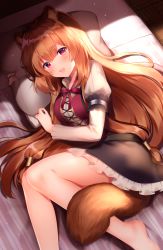 Rule 34 | 1girl, animal ears, artist name, barefoot, black skirt, blush, brown hair, day, highres, indoors, long hair, long sleeves, looking at viewer, lying, on bed, on side, open mouth, pillow, pink eyes, raccoon ears, raccoon girl, raccoon tail, raphtalia, shouu-kun, skirt, smile, solo, tail, tate no yuusha no nariagari, very long hair, watermark, wooden floor