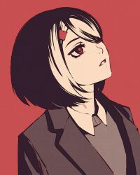 Rule 34 | 1girl, arms at sides, black jacket, bob cut, close-up, commentary request, dress shirt, grey sweater, hair ornament, hair over one eye, hairclip, high contrast, jacket, looking afar, looking up, moshimoshibe, original, parted lips, portrait, red background, red eyes, romaji commentary, shirt, short hair, solo, sweater, swept bangs, texture, white shirt