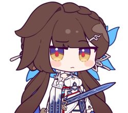 Rule 34 | 1girl, breasts, brown hair, chibi, china dress, chinese clothes, closed mouth, dress, eta, hair ornament, holding, holding sword, holding weapon, honkai (series), honkai impact 3rd, large breasts, li sushang, li sushang (jade knight), long hair, pelvic curtain, simple background, smile, solo, sword, twintails, weapon, white background, white dress