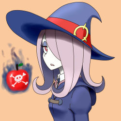 Rule 34 | 10s, 1girl, absurdres, grey hair, hair over one eye, hat, highres, little witch academia, nintendop, red eyes, skull, smile, solo, sucy manbavaran, witch, witch hat