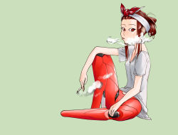 Rule 34 | 1girl, absurdres, amputee, breasts, brown hair, cigarette, female focus, green background, headband, highres, mutouki, original, prosthesis, red eyes, science fiction, simple background, sitting, small breasts, smoke, smoking, solo