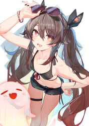 Rule 34 | 1girl, alternate costume, arm up, bare shoulders, bikini, bikini under clothes, bikini under shorts, black bikini, black nails, blush, boo tao (genshin impact), brown hair, commentary request, denim, denim shorts, eyewear on head, flower-shaped pupils, genshin impact, hand on own hip, highres, hu tao (genshin impact), leaning forward, light smile, long hair, looking at viewer, lumo 1121, navel, no shirt, open fly, open mouth, red eyes, revision, short shorts, shorts, sideways glance, sketch, solo, sunglasses, swimsuit, symbol-shaped pupils, thigh strap, twintails, very long hair, wristband