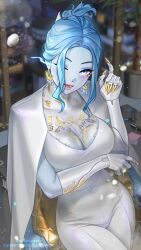 Rule 34 | blue eyes, blue hair, blue skin, breasts, claws, cloak, colored skin, costume, cyberpunk, earrings, elden ring, extra arms, gold nails, highres, jewelry, large breasts, makeup, mechanical arms, office lady, olga korezky, one eye closed, pants, ranni the witch, ring, thick thighs, thighs, wedding ring, white cloak, white pants