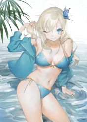 Rule 34 | 1girl, bad id, bad pixiv id, bikini, blonde hair, blue bikini, blue eyes, blue jacket, boku wa tomodachi ga sukunai, breasts, butterfly hair ornament, closed mouth, collarbone, commentary request, hair ornament, holding, holding hair, jacket, kashiwazaki sena, komari dame, large breasts, long hair, long sleeves, looking at viewer, navel, one eye closed, smile, solo, swimsuit, thighs, water