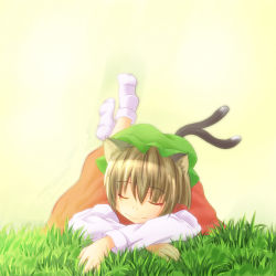 Rule 34 | 1girl, chen, closed eyes, female focus, gradient background, grass, green hat, hat, kanwa, mob cap, nature, outdoors, socks, solo, touhou
