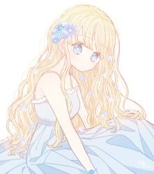 Rule 34 | 1girl, bare shoulders, blonde hair, blue dress, blue eyes, blue flower, closed mouth, dot mouth, dress, flower, hair flower, hair ornament, highres, long dress, long hair, looking at viewer, messy hair, necono naco, original, purple flower, signature, simple background, sitting, sleeveless, sleeveless dress, solo, spaghetti strap, star-shaped pupils, star (symbol), symbol-shaped pupils, turning head, wavy hair, white background, white flower