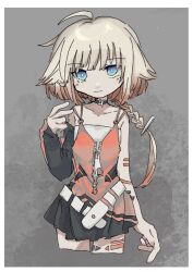 Rule 34 | 1girl, ahoge, bare shoulders, belt, bent v, black choker, black dress, blonde hair, blue eyes, border, braid, braided ponytail, bright pupils, cevio, choker, closed mouth, collarbone, commentary, cropped legs, detached sleeves, dress, gradient hair, grey background, hair flaps, hand up, highres, kokage uyuri, light smile, looking at viewer, multicolored hair, one (cevio), orange dress, orange hair, romaji commentary, single braid, single detached sleeve, sleeveless, sleeveless dress, solo, spaghetti strap, strapless, tube top, two-tone dress, white belt, white border, white pupils, white tube top, zipper pull tab