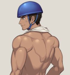 Rule 34 | 1boy, arima (arima bn), back, back focus, bara, biceps, brown hair, character request, copyright request, dark-skinned male, dark skin, dirty, dirty face, facial hair, helmet, highres, long sideburns, male focus, manly, mature male, muscular, muscular male, short hair, sideburns, solo, spiked hair, stubble, sweat, sweatdrop, topless male, towel, towel around neck, upper body