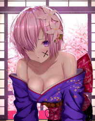 Rule 34 | 1girl, absurdres, back bow, bare shoulders, bow, breasts, cherry blossoms, cleavage, collarbone, facial mark, fate/grand order, fate (series), floral print, flower, hair flower, hair ornament, hair over one eye, happy new year, highres, indoors, japanese clothes, kimono, leaning forward, looking at viewer, mash kyrielight, mash kyrielight (grand new year), medium breasts, new year, obi, off shoulder, official alternate costume, pink hair, pink sash, print kimono, purple eyes, purple kimono, sash, solo, sou skate714, white flower