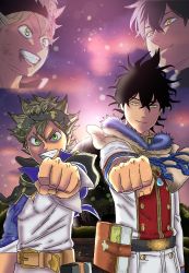 Rule 34 | 2boys, asta (black clover), belt, black clover, black hair, book, fist bump, green eyes, grimoire, headband, highres, jewelry, looking at another, looking at viewer, multiple boys, necklace, scratches, silver hair, smile, yellow eyes, yuno (black clover)
