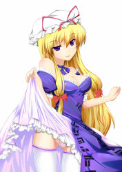Rule 34 | 1girl, bad id, bad pixiv id, blonde hair, breasts, clothes lift, elbow gloves, female focus, gloves, hat, inu3, long hair, panties, purple eyes, skirt, skirt lift, solo, thighhighs, touhou, underwear, white background, white panties, white thighhighs, yakumo yukari