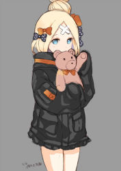 Rule 34 | 1girl, abigail williams (fate), abigail williams (traveling outfit) (fate), bandaid, bandaid on face, bandaid on forehead, black bow, black jacket, blonde hair, blue eyes, blush, bow, commentary request, covered mouth, cowboy shot, fate/grand order, fate (series), grey background, hair bow, hair bun, jacket, long hair, long sleeves, looking at viewer, lunacats, hugging object, official alternate costume, orange bow, parted bangs, polka dot, polka dot bow, simple background, single hair bun, sleeves past fingers, sleeves past wrists, solo, stuffed animal, stuffed toy, teddy bear, translation request