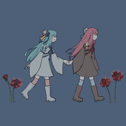 Rule 34 | 2girls, black eyes, black footwear, blue background, blue hair, blue ribbon, blue thighhighs, blunt bangs, boots, closed mouth, commentary request, detached sleeves, dress, floating hair, flower, flower knot, from side, full body, grey dress, grey footwear, hair ribbon, holding hands, knee boots, kotonoha akane, kotonoha aoi, long hair, looking at another, multiple girls, open mouth, pink hair, pink thighhighs, profile, red ribbon, ribbon, sano (chappy), siblings, sisters, smile, spider lily, thighhighs, voiceroid, walking, wide sleeves