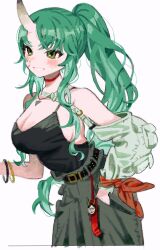 Rule 34 | 1girl, alternate costume, arknights, bachikori-ken, black shirt, blush, bracelet, breasts, cleavage, commentary, feet out of frame, green eyes, green hair, green pants, grin, hand in pocket, hannya, highres, horns, hoshiguma (arknights), jewelry, charm (object), large breasts, long hair, looking at viewer, pants, ponytail, shirt, sidelocks, single horn, smile, solo, tank top, wavy hair