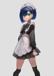 Rule 34 | 1girl, apron, asymmetrical bangs, asymmetrical hair, bad id, bad pixiv id, black bow, black bowtie, black dress, black ribbon, blue hair, bob cut, bow, bowtie, clenched hand, colored inner hair, commentary, darling in the franxx, dress, feet out of frame, frills, frown, furrowed brow, green eyes, grey background, hair ornament, hair over one eye, hairclip, highres, ichigo (darling in the franxx), lace-up, legs apart, looking at viewer, maid, maid headdress, multicolored hair, purple hair, ribbon, sahini, short dress, simple background, solo