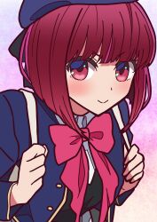 Rule 34 | 1girl, absurdres, arima kana, beret, black ribbon, black vest, blue hat, blue jacket, blunt bangs, blush, bob cut, bow, bowtie, closed mouth, collared shirt, commentary request, hat, hat ribbon, highres, inverted bob, jacket, long sleeves, looking at viewer, nicolanicconico, oshi no ko, partial commentary, pink bow, pink bowtie, red eyes, red hair, ribbon, school uniform, shirt, short hair, smile, solo, upper body, vest, white shirt, youtou high school uniform