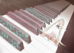 Rule 34 | 1girl, 2018, ^ ^, armpits, black ribbon, blue hair, close-up, closed eyes, commentary, copyright name, dress, dutch angle, elbow gloves, from above, full body, gloves, hatsune miku, highres, instrument, kutsushita (35267852), long hair, miku symphony (vocaloid), mini person, minigirl, outstretched arms, piano, piano keys, ribbon, shadow, short dress, shoulder tattoo, signature, solo, tattoo, thighhighs, twintails, very long hair, vocaloid, walking, white gloves