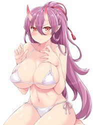 Rule 34 | 1girl, amane hasuhito, azur lane, bad id, bad twitter id, bikini, blush, breasts, cleavage, commentary, hair between eyes, horns, izumo (azur lane), large breasts, long hair, looking at viewer, navel, pointy ears, ponytail, side-tie bikini bottom, simple background, sitting, solo, swimsuit, teardrop, v-shaped eyebrows, very long hair, wavy mouth, white background, white bikini