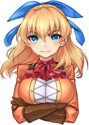 Rule 34 | 1girl, ascot, blonde hair, blue bow, blue eyes, bow, breasts, brown gloves, closed mouth, cropped torso, crossed arms, eyelashes, eyes visible through hair, gloves, hair between eyes, hair bow, highres, large breasts, long hair, looking at viewer, maya schrodinger, nyantiu, orange shirt, red ascot, shirt, simple background, smile, solo, thick eyebrows, upper body, v-shaped eyebrows, white background, wild arms, wild arms 3