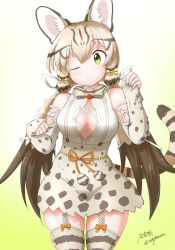 Rule 34 | 1girl, animal costume, animal ear fluff, animal ears, bow, bowtie, cat ears, cat girl, cat tail, closed mouth, geoffroy&#039;s cat (kemono friends), green eyes, grey hair, kemono friends, kemono friends v project, kneehighs, long hair, looking at viewer, microphone, one eye closed, ribbon, shirt, simple background, skirt, smile, socks, solo, tail, taurine 8000mg, twintails, virtual youtuber