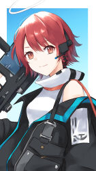 Rule 34 | 1girl, arknights, black jacket, blue background, breasts, closed mouth, commentary, exusiai (arknights), gradient background, gun, halo, headphones, headset, highres, holding, holding gun, holding weapon, jacket, light smile, long sleeves, looking at viewer, medium breasts, off shoulder, open clothes, open jacket, outside border, red eyes, red hair, shirt, short hair, single bare shoulder, sleeveless, sleeveless turtleneck, smile, solo, swept bangs, turtleneck, upper body, weapon, white shirt, you steelo