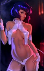 Rule 34 | 1girl, against wall, alternate costume, armlet, blurry, blurry background, breasts, breasts apart, covered erect nipples, cowboy shot, cropped legs, fingernails, ghost in the shell, gluteal fold, hand on own hip, hand on own thigh, kusanagi motoko, long fingernails, looking at viewer, medium breasts, navel, optionaltypo, pole, purple hair, red eyes, revealing clothes, short shorts, shorts, skindentation, smile, solo, standing, stomach, stripper pole, thigh gap, thigh strap, thighs, toned