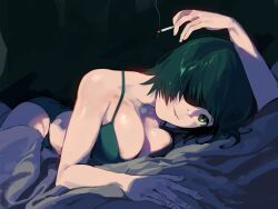 1girl absurdres bed_sheet black_background black_hair black_panties bra breasts chainsaw_man cigarette cleavage eyepatch green_eyes head_tilt highres himeno_(chainsaw_man) holding holding_cigarette large_breasts looking_at_viewer lying on_bed panties raneblu short_hair simple_background smoke solo underwear