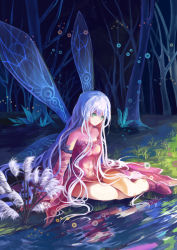 Rule 34 | 1girl, bare shoulders, bug, butterfly, detached sleeves, forest, grass, green eyes, bug, jinying, long hair, nature, original, outdoors, reflection, sitting, solo, stream, very long hair, white hair, wings