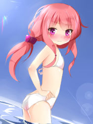 Rule 34 | bare arms, bikini, blue sky, blush, breasts, embarrassed, feet out of frame, hand on own hip, ikazu401, long hair, nose blush, ocean, original, outdoors, purple eyes, red hair, sky, small breasts, standing, sunlight, swimsuit, twintails, white bikini