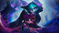 Rule 34 | 1girl, animal ear fluff, black nails, closed mouth, green hair, hair between eyes, highres, hood, hood up, league of legends, looking at viewer, magic, nail polish, outdoors, pale skin, pants, pink eyes, red pants, short hair, sinser (99535), sitting, solo, toeless footwear, toenail polish, toenails, tree, vex (league of legends), yordle
