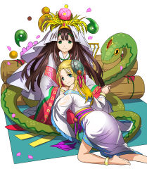 Rule 34 | 2girls, animal, anklet, bare shoulders, barefoot, blonde hair, blue eyes, bracelet, brown hair, circlet, comb, flower, from behind, giant snake, green eyes, hair bobbles, hair ornament, headdress, highres, holding hands, imari, japanese clothes, jewelry, kushinada (p&amp;d), long hair, long sleeves, looking back, magatama, meimei (p&amp;d), multiple girls, necklace, off shoulder, oversized animal, petals, pink ribbon, puzzle &amp; dragons, ribbon, simple background, sitting, smile, snake, turtle shell, wheat, wide sleeves