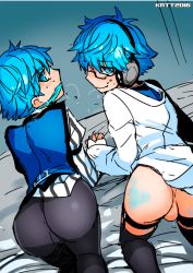 Rule 34 | 2boys, ass, blue hair, blush, fate/extra ccc, fate/grand order, fate (series), hans christian andersen (fate), krtt, looking at viewer, male focus, multiple boys, naughty face, testicles