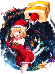 Rule 34 | 1girl, ;d, alternate costume, aono meri, bad id, bad nicoseiga id, bare shoulders, blonde hair, blueberry, blush, boots, breasts, cake, christmas, christmas ornaments, collarbone, dated, dress, elbow gloves, fang, flandre scarlet, food, fruit, full body, fur trim, glitter, gloves, hair between eyes, hat, highres, laevatein, looking at viewer, merry christmas, off-shoulder dress, off shoulder, one eye closed, open mouth, red dress, red eyes, red footwear, red gloves, santa costume, santa hat, side ponytail, small breasts, smile, solo, star (symbol), strawberry, touhou, wings