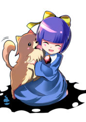 Rule 34 | 1girl, ^ ^, bad id, bad pixiv id, blush stickers, brooch, capcom, closed eyes, dog, dress, ghost trick, jewelry, kamila (ghost trick), licking, missile (ghost trick), open mouth, purple hair, ribbon, shiba inu, short hair, simple background, sitting, skirt, smile, solo, spirit, sunglasses, unichiri, white background