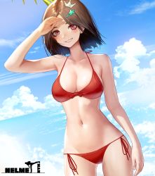 Rule 34 | 1girl, :d, absurdres, arm at side, arm up, bare shoulders, bikini, blue sky, blush, breasts, brown hair, cleavage, cloud, collarbone, cowboy shot, crown hair ornament, day, grin, hair ornament, hairclip, highres, jungon kim, large breasts, navel, ocean, open mouth, original, outdoors, parted bangs, parted lips, red bikini, red eyes, red ribbon, ribbon, short hair, side-tie bikini bottom, sky, smile, solo, star (symbol), star hair ornament, stomach, swimsuit, water