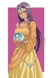 Rule 34 | 1girl, asymmetrical clothes, blush, breasts, brown eyes, choker, circlet, crystal ball, dark skin, dark-skinned female, dragon quest, dragon quest iv, dress, earrings, hiroyama (hpzg5374), holding, jewelry, large breasts, long hair, looking at viewer, minea (dq4), purple background, purple hair, simple background, smile, solo