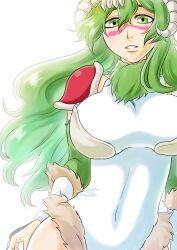 Rule 34 | 1girl, arms at sides, bleach, bleach: sennen kessen-hen, bloom, breasts, breasts apart, commentary request, cover, covered navel, cowboy shot, curvy, eyebrows hidden by hair, facial mark, fake cover, floating hair, fur collar, green eyes, green hair, hair between eyes, haruka (the end is far), highleg, highleg leotard, highres, kubo tite (style), large breasts, leotard, long hair, looking at viewer, mask, mask on head, nelliel tu odelschwanck, nose, parted lips, scar, scar on face, simple background, solo, very long hair, wavy hair, white background, white leotard