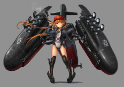 Rule 34 | 10s, 1girl, blue eyes, boots, cigar, commentary request, crimson tide, doyagao, flat chest, highres, kantai collection, long hair, mecha musume, military, military uniform, military vehicle, missile, ohio-class submarine, one-piece swimsuit, original, personification, polearm, red hair, red theme, smoking, smug, solo, submarine, swimsuit, tom-neko (zamudo akiyuki), trident, uniform, uss alabama (ssbn-731), watercraft, weapon