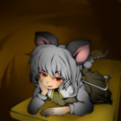 Rule 34 | 1girl, animal ears, blurry, brown background, capelet, female focus, grey hair, head rest, leg up, long sleeves, looking at viewer, lying, machi no dakashiya, mini person, minigirl, mouse ears, mouse tail, mousetrap, nazrin, on stomach, parted lips, red eyes, short hair, skirt, solo, sweat, tail, touhou, vest