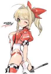 Rule 34 | 10s, 1girl, ahoge, arched back, ass, asymmetrical legwear, bad id, bad twitter id, blonde hair, boots, bow, breasts, choker, closed mouth, cowboy shot, cropped jacket, english text, fate/extra, fate (series), from side, gloves, green eyes, hair bow, hair intakes, highres, jacket, juliet sleeves, leotard, long hair, long sleeves, looking at viewer, nero claudius (fate), nero claudius (fate) (all), nero claudius (fate/extra), official alternate costume, one eye closed, open clothes, open jacket, ponytail, puffy sleeves, race queen, red bow, red jacket, short sleeves, sideboob, sidelocks, signature, simple background, smile, solo, soreeyu (sore-yu), thigh boots, thighhighs, thighs, uneven legwear, white background, white gloves