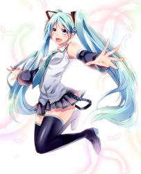 Rule 34 | 1girl, aqua eyes, aqua hair, bad id, bad pixiv id, boots, detached sleeves, feathers, hatsune miku, highres, jumping, kat (bu-kunn), long hair, necktie, open mouth, skirt, solo, thigh boots, thighhighs, twintails, very long hair, vocaloid